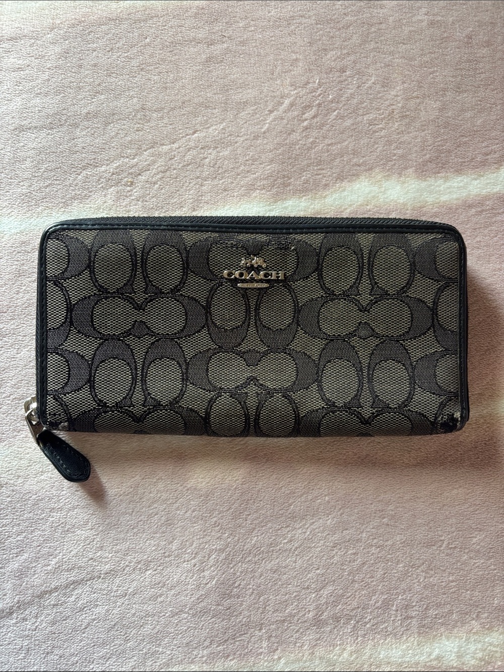 Coach Black Signature Zip Wallet with Logo Plaque